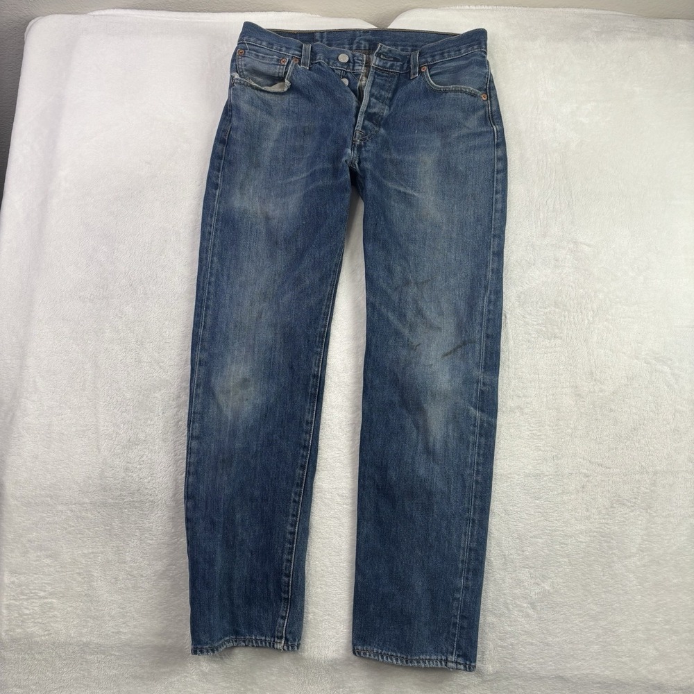Levi's 501 Button Fly Denim Blue Jeans Men's Waist 30" X 30" Inseam Distressed